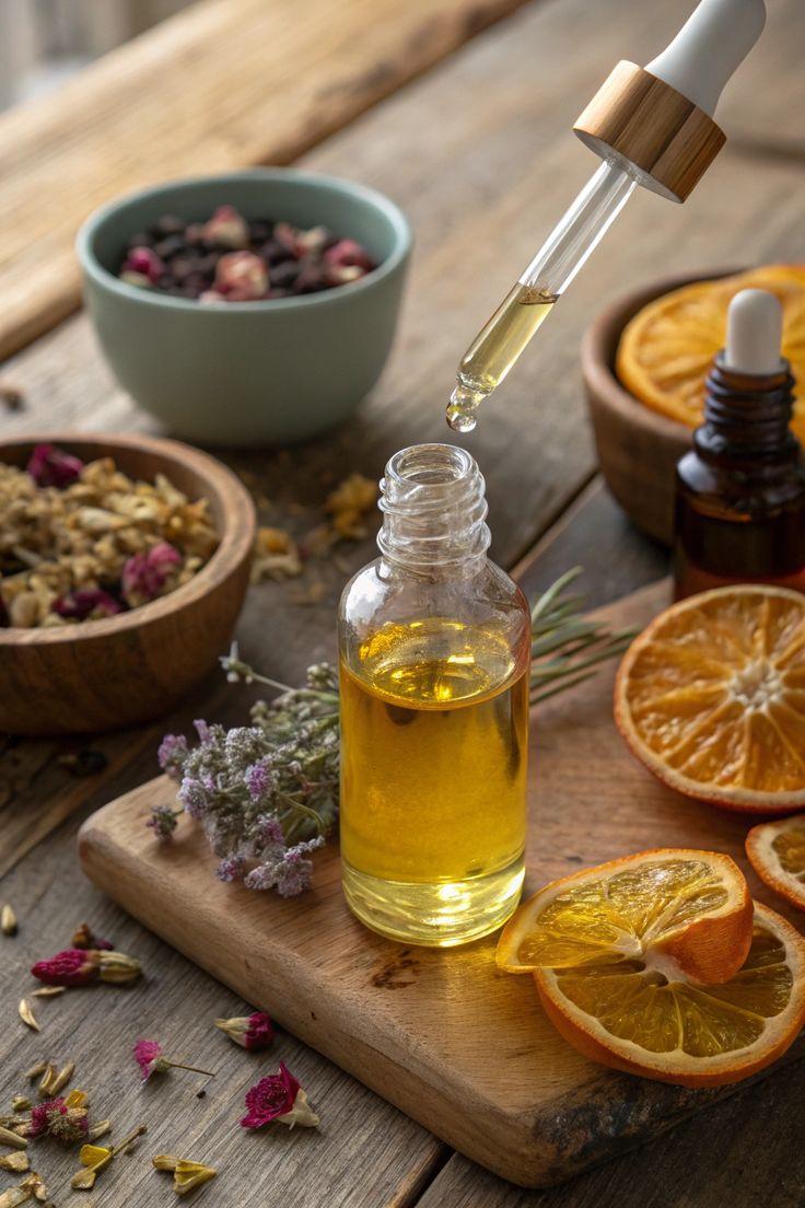 This contains: A clear glass dropper bottle filled with golden oil next to small bowls containing dried flowers, citrus slices, and essential oil bottles on a wooden surface, showing natural ingredients used to make a homemade oil perfume.
