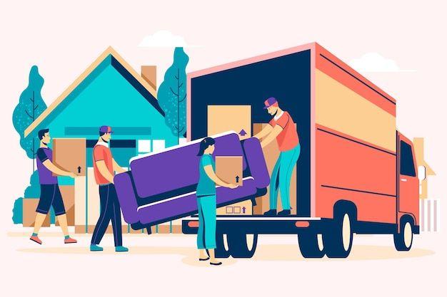 This may contain: people unloading boxes from the back of a moving truck