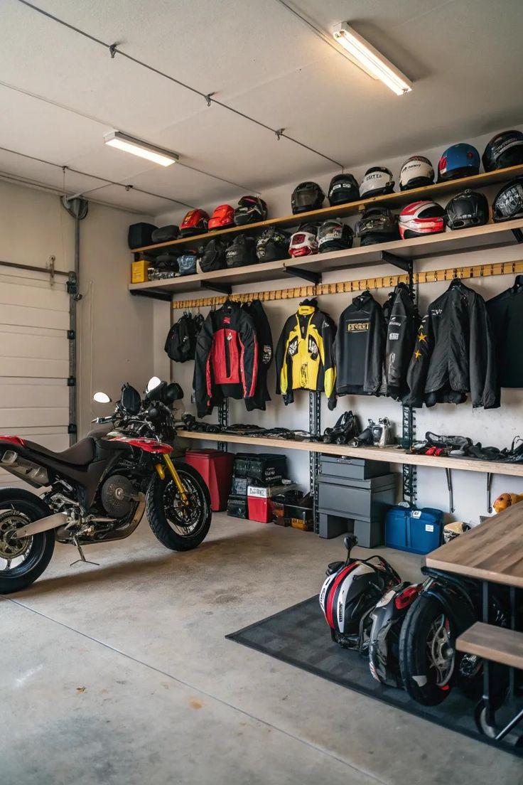 This may contain: a motorcycle is parked in a garage with several jackets on the wall and other gear