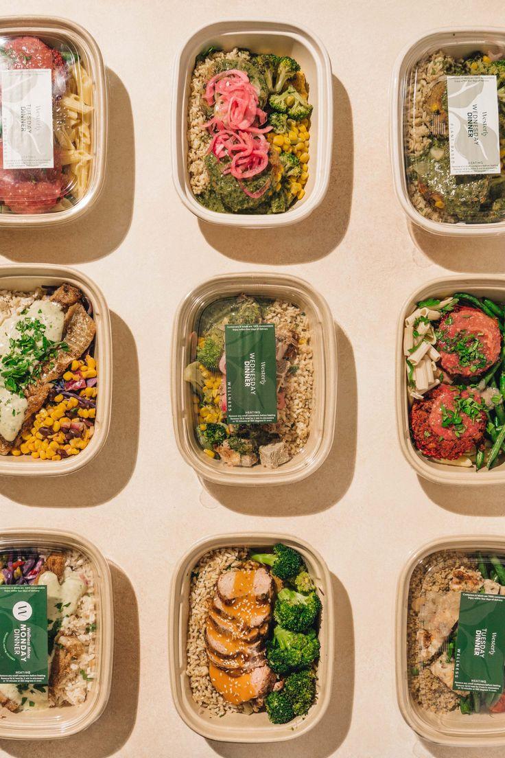 This may contain: four different types of food in containers on a gray surface with the words koko eco